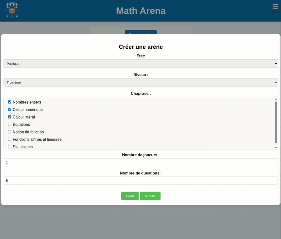 Aperçu d'une partie Math Arena